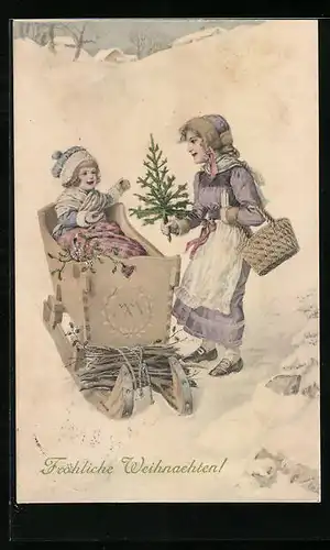 AK Kleinkind in einem Schlitten, Frau mit Tannenbaum