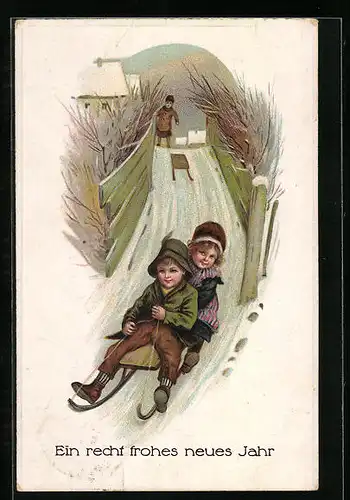 AK Kinder fahren auf Schlitten einen Berg hinunter