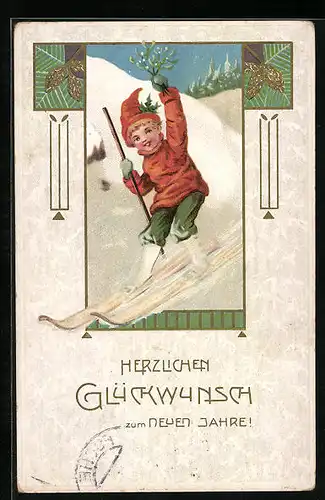 AK Junge fährt auf Ski ins Tal