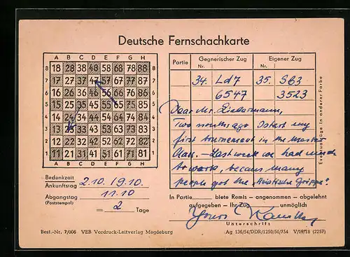 AK Deutsche Fernschachkarte mit eingezeichneten Zügen