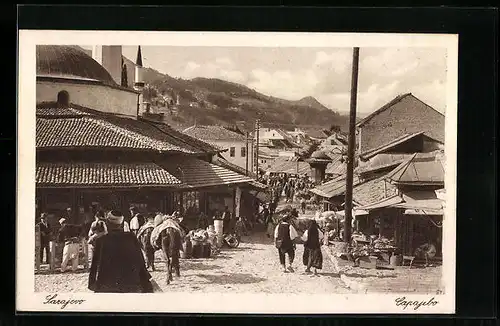 AK Sarajevo, Bascasija, Strasse mit Marktgeschehen