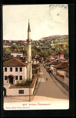 AK Sarajevo, Cobanjagasse mit Moschee und Brückenblick