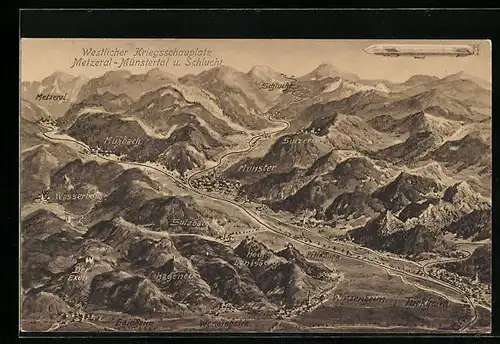 AK Metzeral, Münstertal u. Schlucht mit Zeppelin