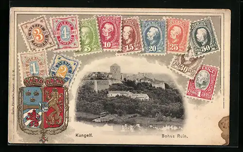 Präge-AK Kungelf, Bohus Ruin, Briefmarken, Wappen