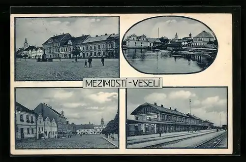 AK Mezimosti-Veseli, Bahnhof, Strassenpartien im Ort, Flusspartie