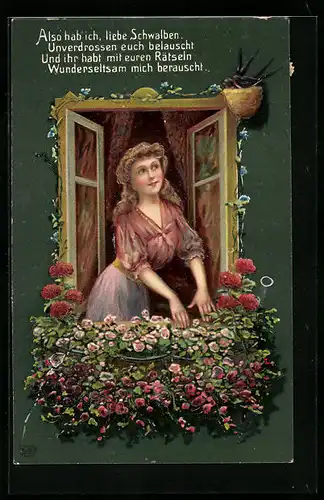 Künstler-AK Frau belauscht Schwalben am Fenster