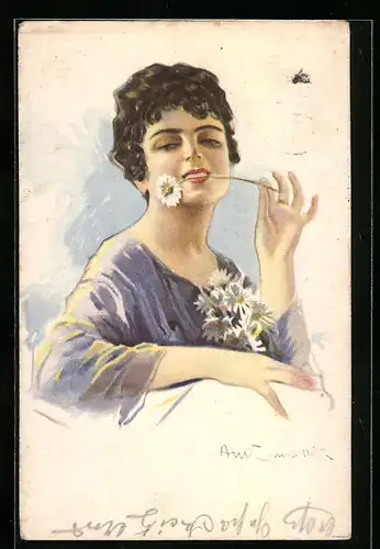 Künstler-AK Amedeo Momo Simonetti: Dame mit schwarzen Haar hält Margerite zwischen den Zähnen