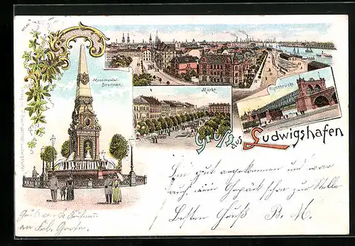 Lithographie Ludwigshafen, Markt, Monumentalbrunnen, Rheinbrücke, Teilansicht