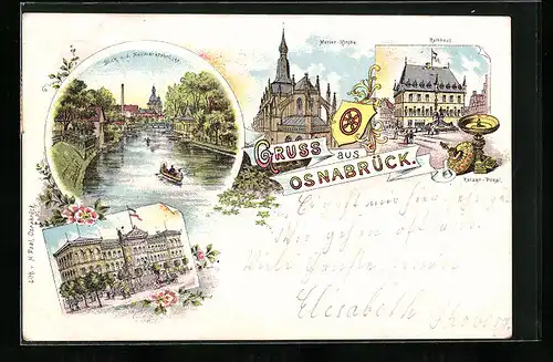 Lithographie Osnabrück, Marien-Kirche, Rathhaus, Blick von der Neumarktsbrücke