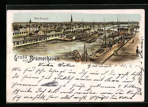 Lithographie Bremerhaven, Totalansicht mit Hafen