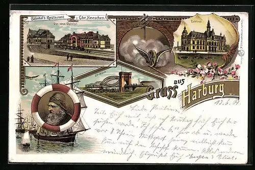 Lithographie Hamburg-Harburg, Der neue Bahnhof, Rathaus, Elb-Brücke