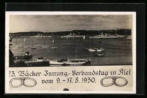 AK Kiel, Wasserpartie mit Kriegsschiffen, 23. Bäcker Innung.-Verbandstag 1930
