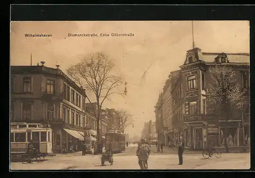 AK Wilhelmshaven, Bismarckstrasse Ecke Gölerstrasse, Strassenbahn, Herrenartikel H. Karsten