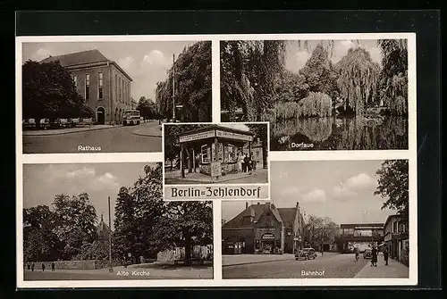 AK Berlin-Zehlendorf, Rathaus, Alte Kirche, Bahnhof