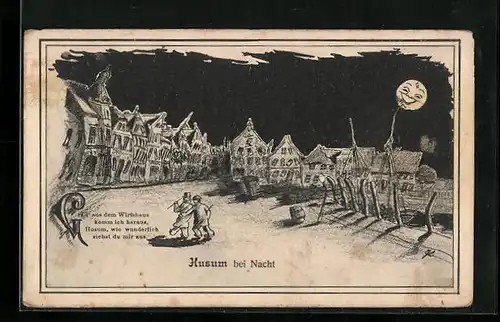 Wirtshaus-AK Husum, Ortsansicht bei Nacht aus der Sicht eines Betrunkenen