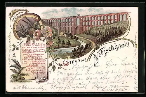 Lithographie Netzschkau i. V., Eisenbahnbrücke mit Dampfzug