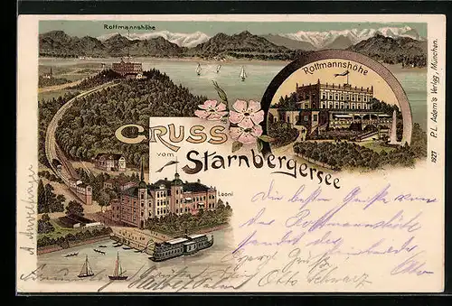 Lithographie Leoni bei Berg /Starnbergersee, Ortsansicht mit Dampfer und Hotel auf der Rottmannshöhe