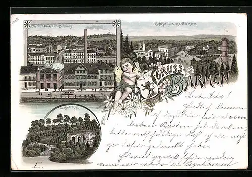 Lithographie Barmen, Luftkurhaus und Tölleturm, Barmer Anlagen und Bergbahn, Ringeldenkmal