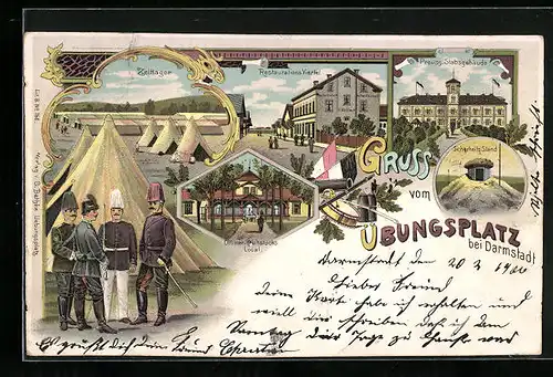 Lithographie Darmstadt, Übungsplatz - Zeltlager, Restaurations Viertel, Stabsgebäude