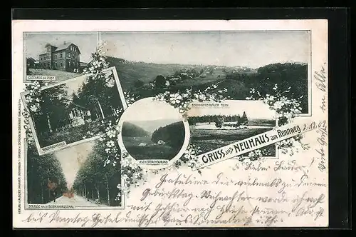 AK Neuhaus am Rennweg, Ortsansicht, Gasthaus zur Post, Waidmannsheil, Strasse nach Bernhardsthal