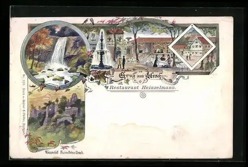 Lithographie Urach, Restaurant Heinzelmann, Wasserfall Ruine Hohen Urach