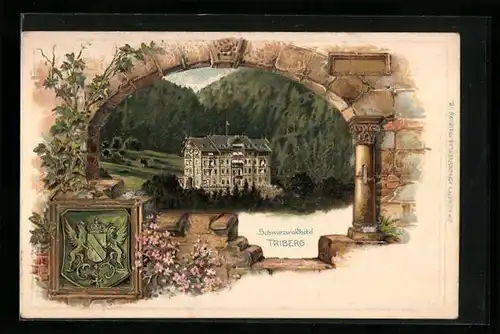 Passepartout-Lithographie Triberg, Ansicht vom Schwarzwaldhotel, Wappen