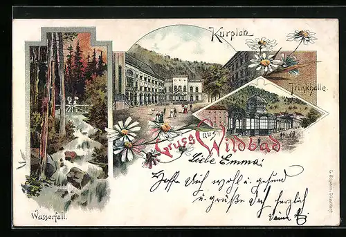 Lithographie Wildbad, Kurplatz, Trinkhalle, Wasserfall