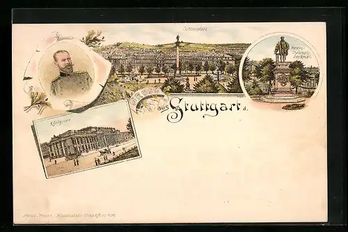 Lithographie Stuttgart, Schlossplatz, Königsbau, Herzog-Christoph-Denkmal
