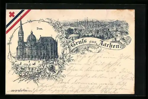 Lithographie Aachen, Ortsansicht, Dom, Rotes Kreuz