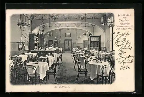 AK Dresden, Hofbräu, Der Buffetsaal, Inh.: Karl Wolf, Waisenhausstrasse 18