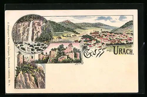 Lithographie Urach, Ortsansicht, Ruine, Wasserfall