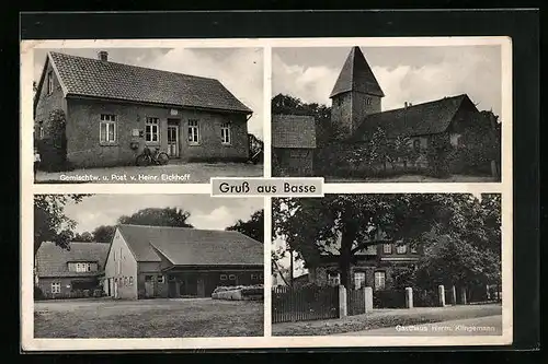 AK Basse, Gemischtw. u. Post v. Heinr. Eickhoff, Kirche, Gasthaus Herm. Klingemann