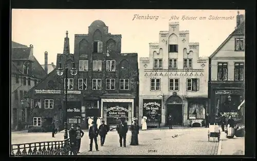 AK Flensburg, Alte Häuser am Südermarkt mit Geschäften