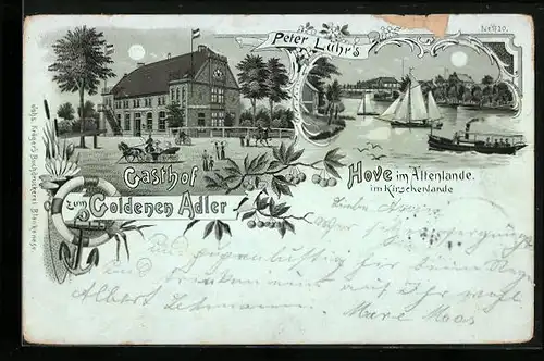 Mondschein-Lithographie Hove im Altenlande /Kirschenlande, Gasthof zum Goldenen Adler, Uferpartie mit Dampfer