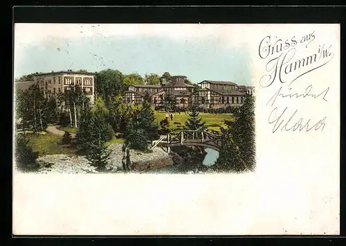 AK Hamm i. W., Ortspartie mit Fluss und Brücke