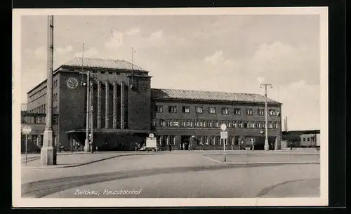 AK Zwickau, Hauptbahnhof mit Vorplatz