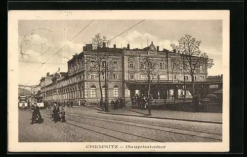 AK Chemnitz, Hauptbahnhof mit Strassenbahnen