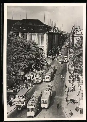 Fotografie unbekannter Fotograf, Ansicht Berlin, Leipziger Strasse mit Strassenbahn und Doppeldecker Bus