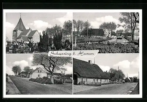 AK Schwesing b. Husum, Kirche mit Friedhof, Gebäudeansichten