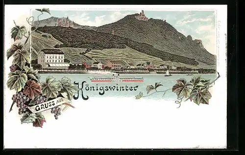 Lithographie Königswinter / Rhein, Gesamtansicht mit Rheindampfer