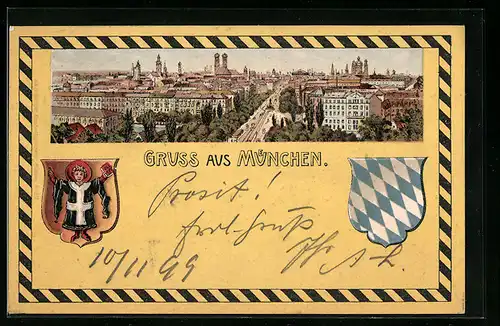 Lithographie München, Stadtansicht und Stadtwappen