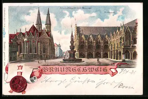 Lithographie Braunschweig, Altstadtmarkt mit Brunnen und Rathaus