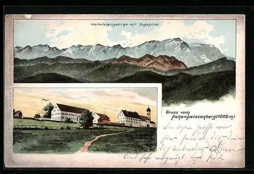 AK Hohenpeissenberg, Gasthaus & Kirche Hohenpeissenberg, Wettersteingebirge mit Zugspitze