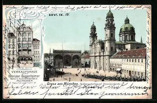 AK München, Feldherrnhalle und Theatinerkirche, Verkaufshaus Gebr. Guggenheimer, Neuhauserstr. 12