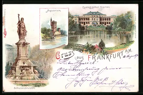 Lithographie Frankfurt-Ostend, Aquarium, Zoologischer Garten, Schützenbrunnen