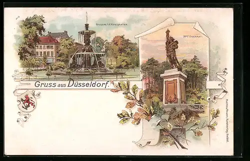 Lithographie Düsseldorf, Brunnen i. d. Königsallee, 39er Denkmal