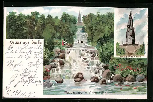 Lithographie Berlin, Wassersturz im Victoriapark, Kriegerdenkmal