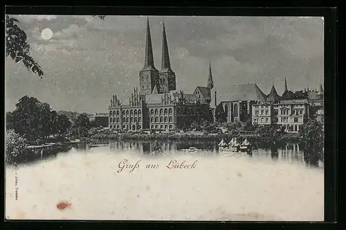 Mondschein-AK Lübeck, Teilansicht mit Kirche