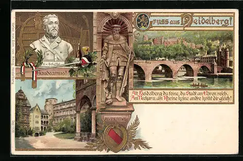 Lithographie Heidelberg, Stadt mit Brücke, Büste V. v. Scheffel, Gaudeamzs, Rupertus