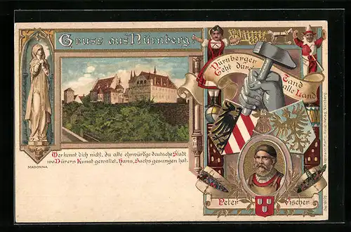 Lithographie Nürnberg, Schloss, Madonna, Portrait peter Vischer